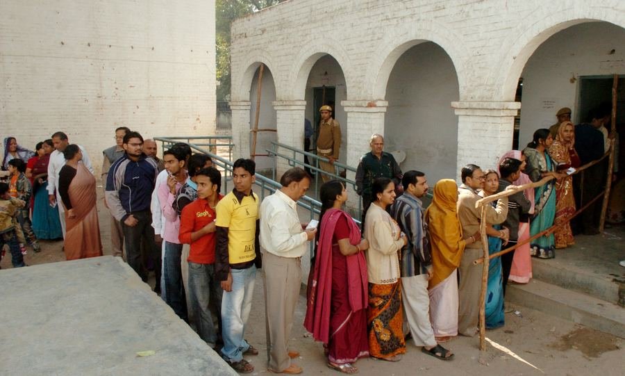 Voters queued outside a polling station
